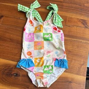 Floral Checkered Swimsuit with Green Gingham Straps